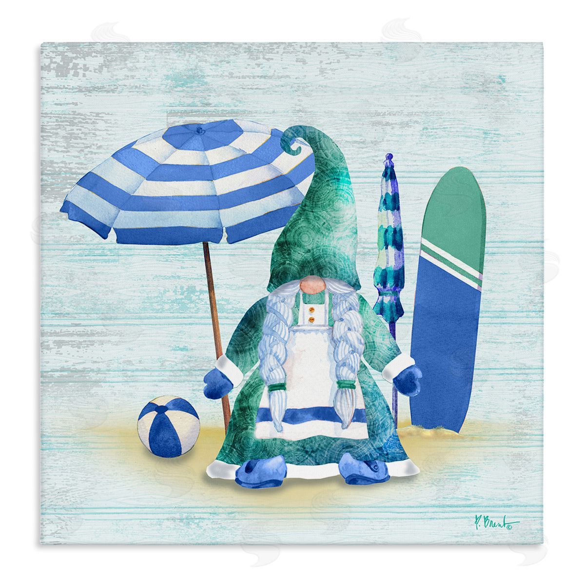 Paul Brent Coastal Gnome Braided Summer Surfer Stretched Canvas Wall Art Print