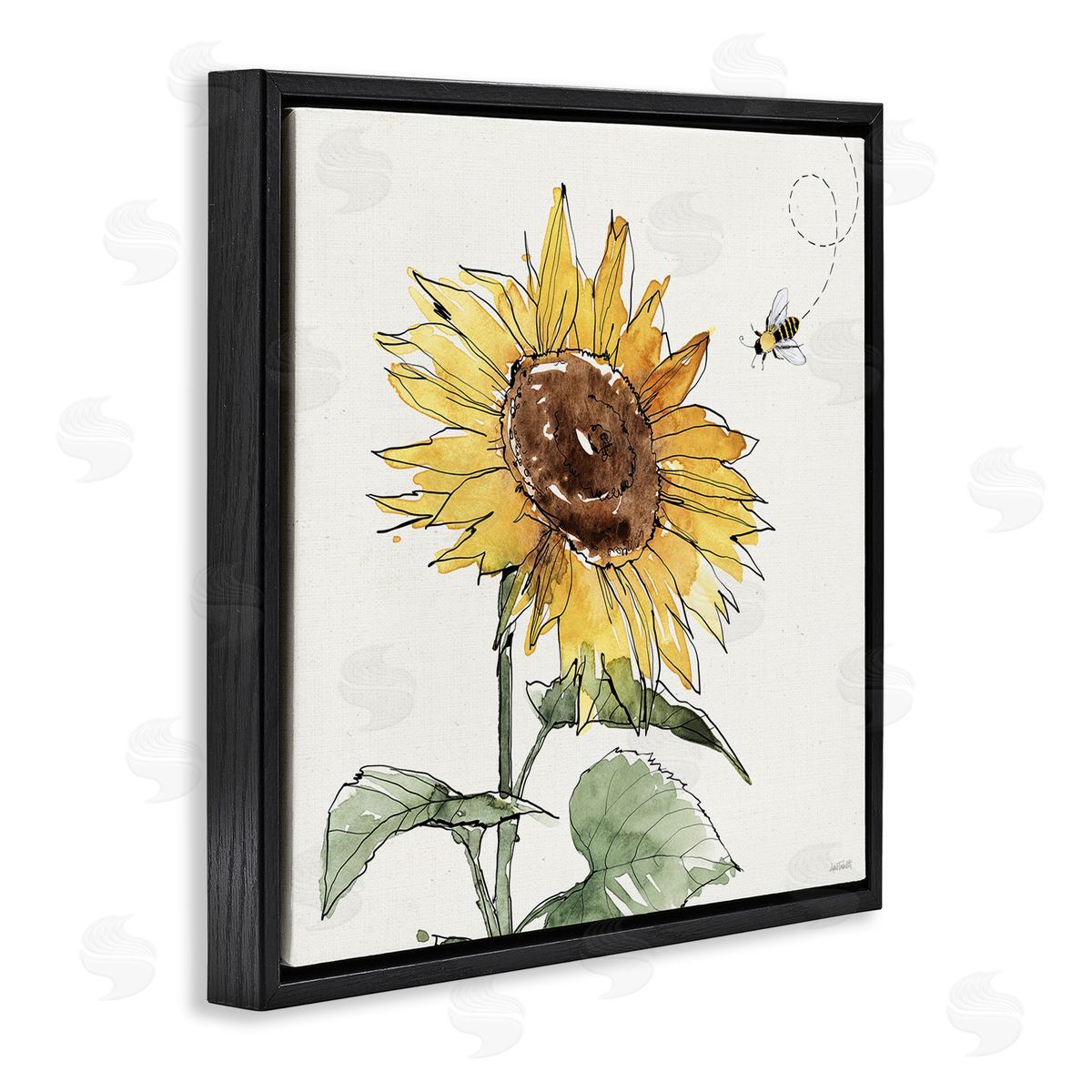 Cheerful Sunflower Buzzing Bee Black Floating Frame Canvas Wall Art, Home Decor by Anne Tavoletti