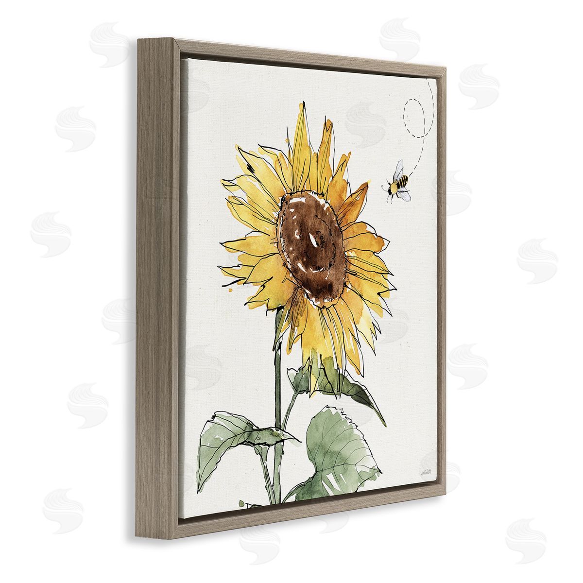 Cheerful Sunflower Buzzing Bee Brown Floating Frame Canvas Wall Art, Home Decor by Anne Tavoletti