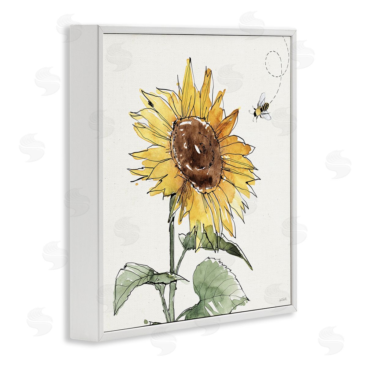Cheerful Sunflower Buzzing Bee White Frame Print Wall Art, Home Decor by Anne Tavoletti