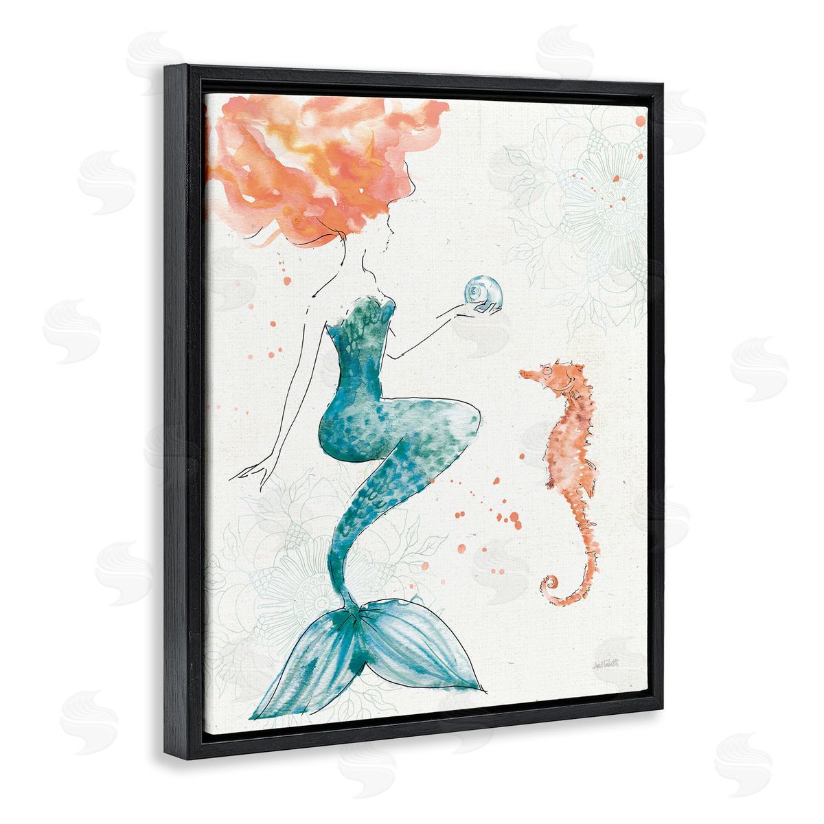 Mermaid and Ocean Seahorse Black Floating Frame Canvas Wall Art, Home Decor by Anne Tavoletti