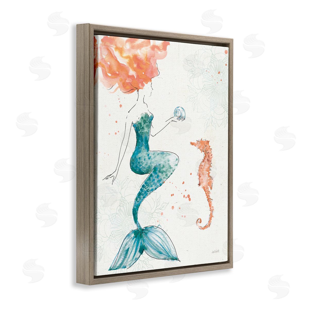 Mermaid and Ocean Seahorse Brown Floating Frame Canvas Wall Art, Home Decor by Anne Tavoletti