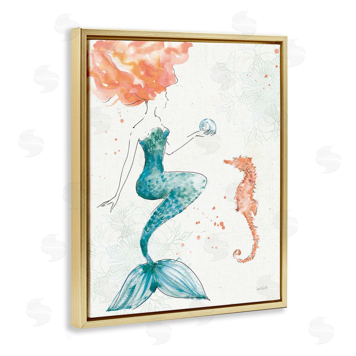 Mermaid and Ocean Seahorse Gold Floating Frame Canvas Wall Art, Home Decor by Anne Tavoletti