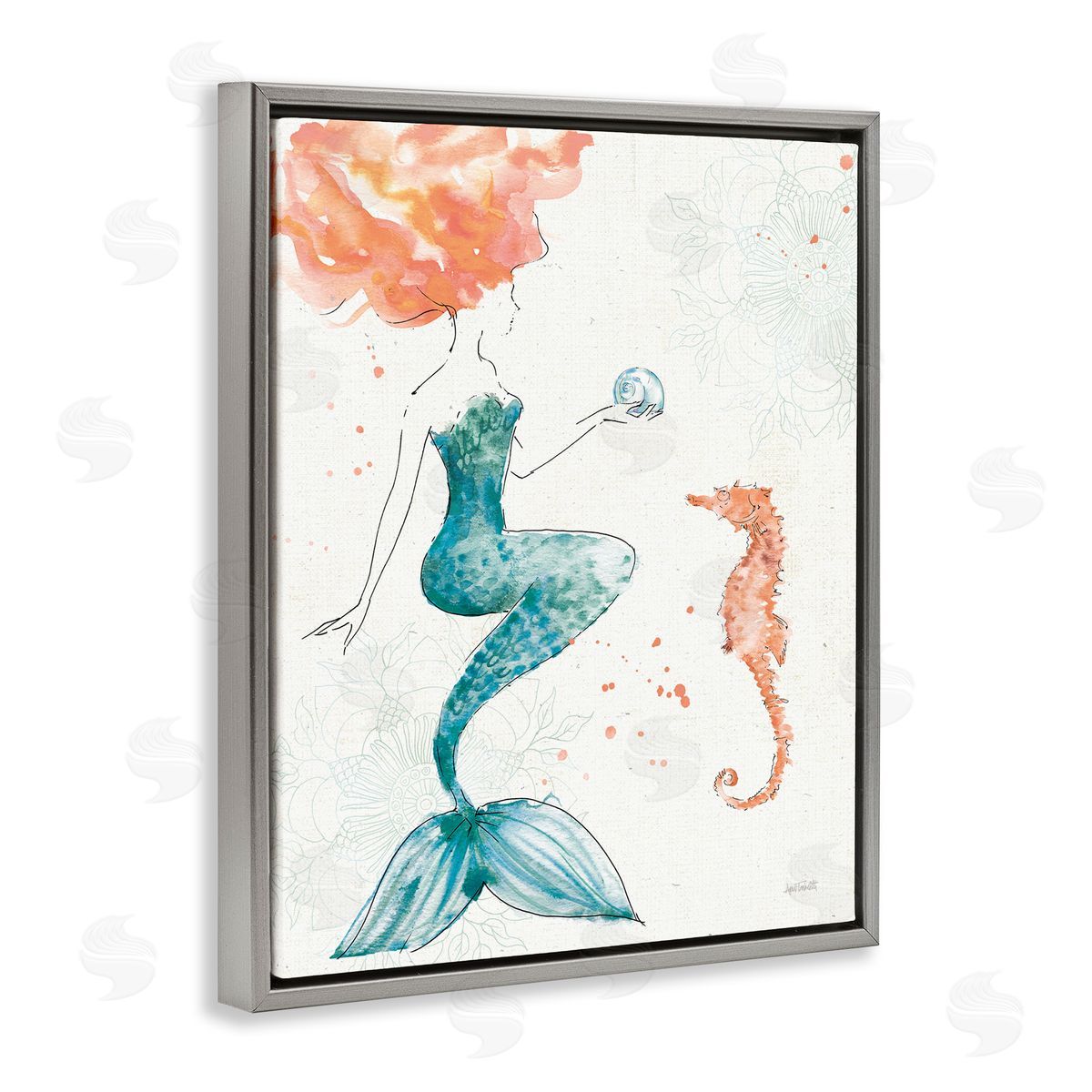 Mermaid and Ocean Seahorse Grey Floating Frame Canvas Wall Art, Home Decor by Anne Tavoletti