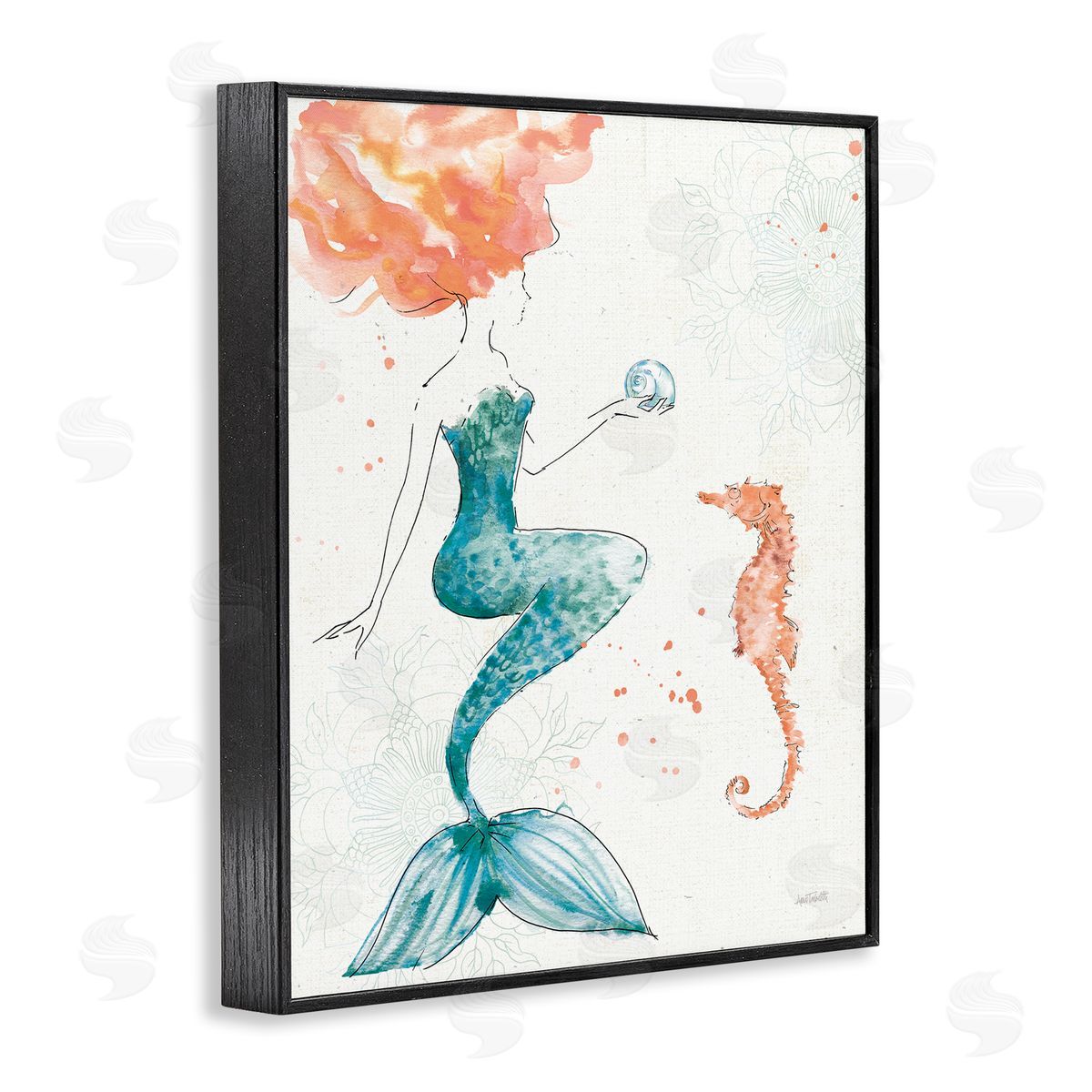 Mermaid and Ocean Seahorse Black Frame Print Wall Art, Home Decor by Anne Tavoletti