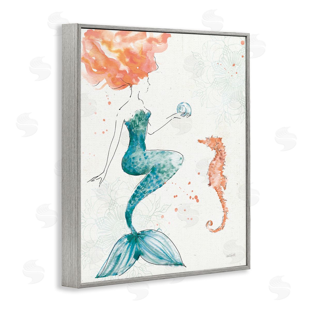 Mermaid and Ocean Seahorse Grey Frame Print Wall Art, Home Decor by Anne Tavoletti
