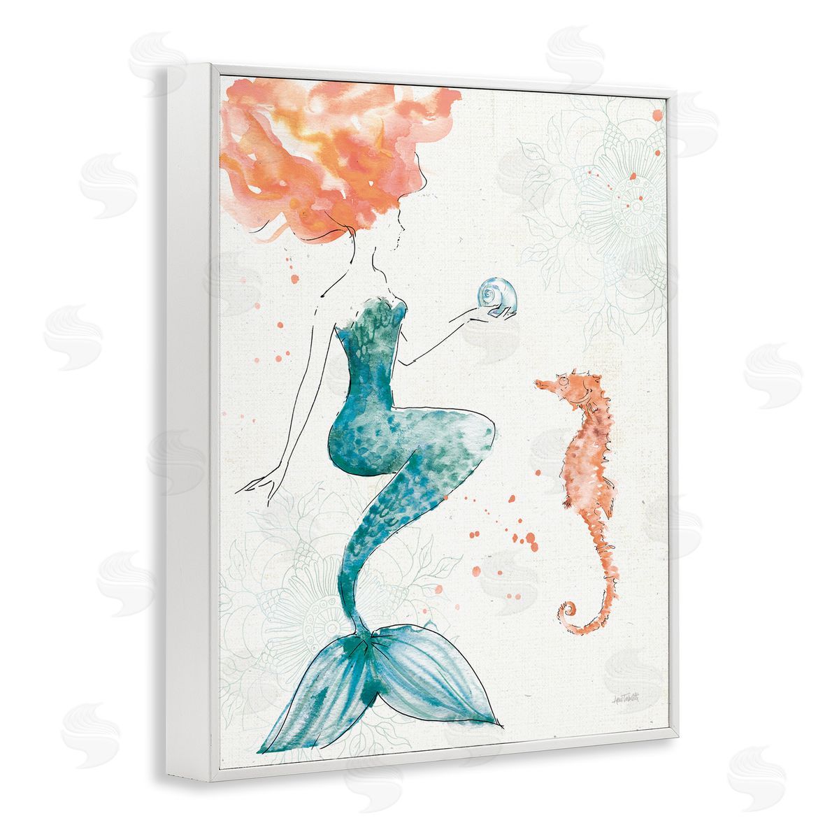 Mermaid and Ocean Seahorse White Frame Print Wall Art, Home Decor by Anne Tavoletti