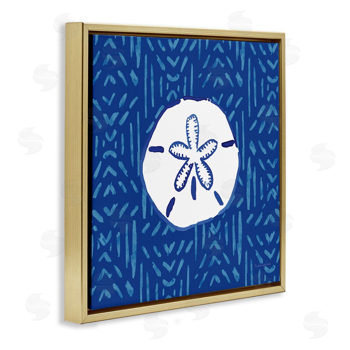 Mercedes Lopez Charro Sand Dollar Seashell Stripe Pattern Gold Floating Frame Canvas Wall Art Print