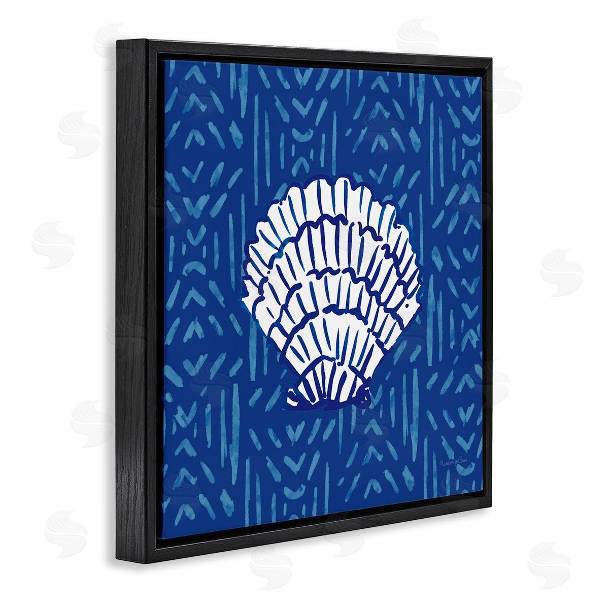 Mercedes Lopez Charro White Clam Shell Patterned Sea Life Black Floating Frame Canvas Wall Art Print
