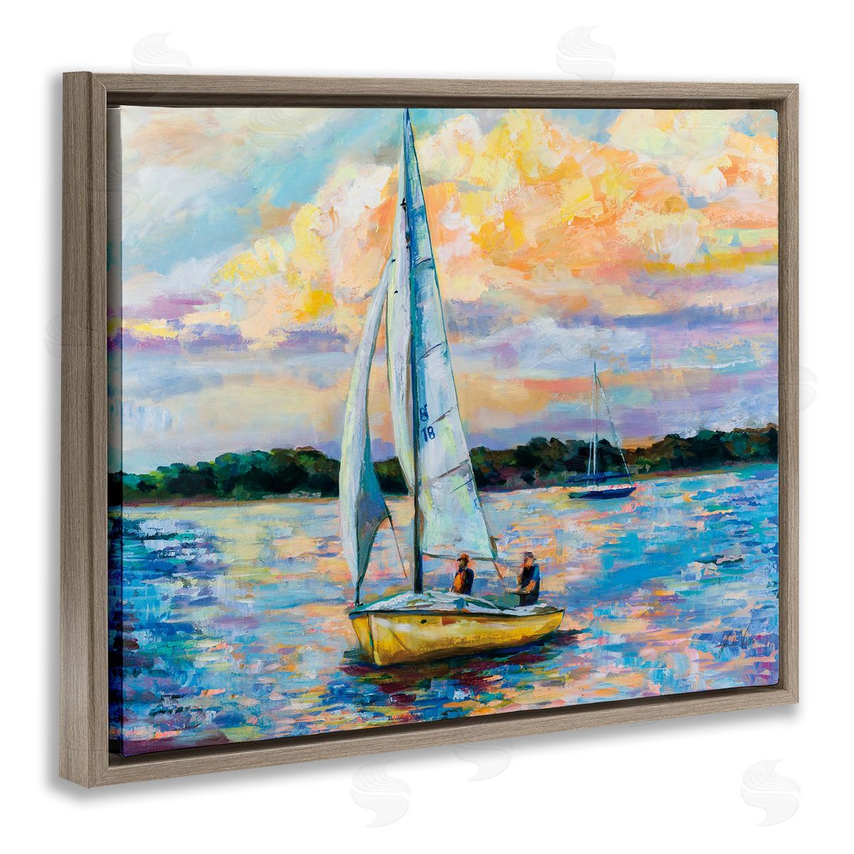 Vivid Nautical Sailboat Landscape Brown Floating Frame Canvas Wall Art, Home Decor by Jeanette Vertentes
