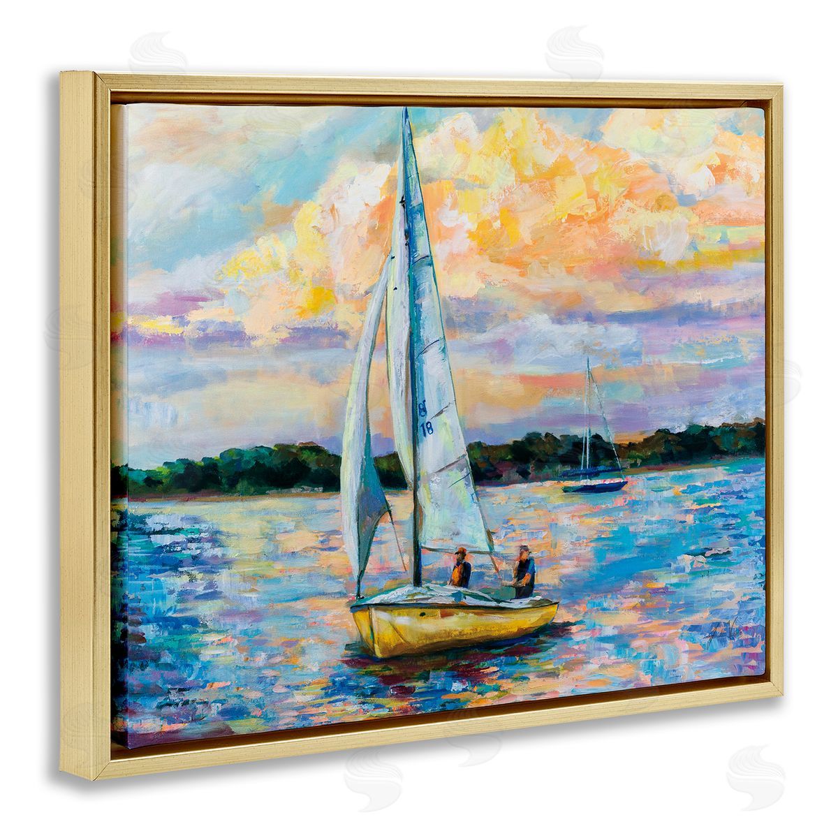 Vivid Nautical Sailboat Landscape Gold Floating Frame Canvas Wall Art, Home Decor by Jeanette Vertentes
