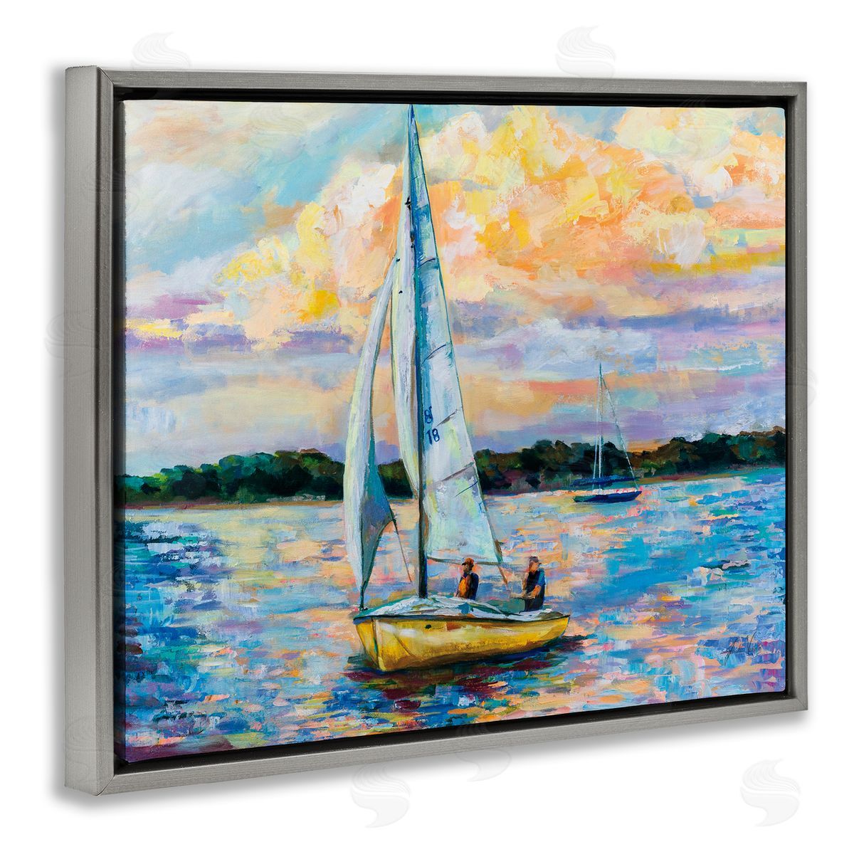 Vivid Nautical Sailboat Landscape Grey Floating Frame Canvas Wall Art, Home Decor by Jeanette Vertentes