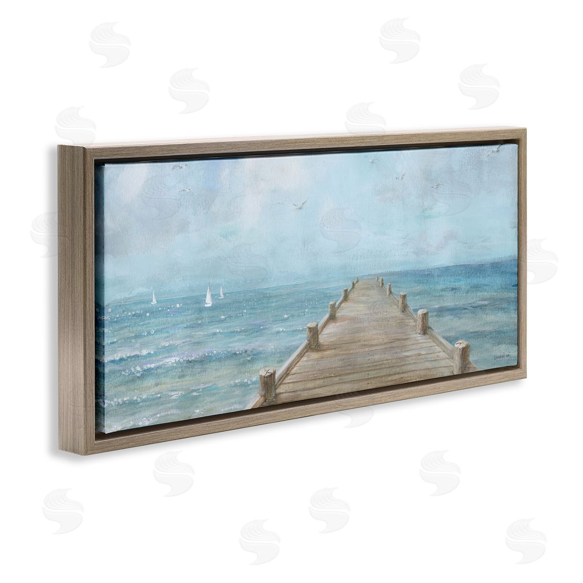 Waterfront Pier Coastal Ocean View Brown Floating Frame Canvas Wall Art, Home Decor by Danhui Nai