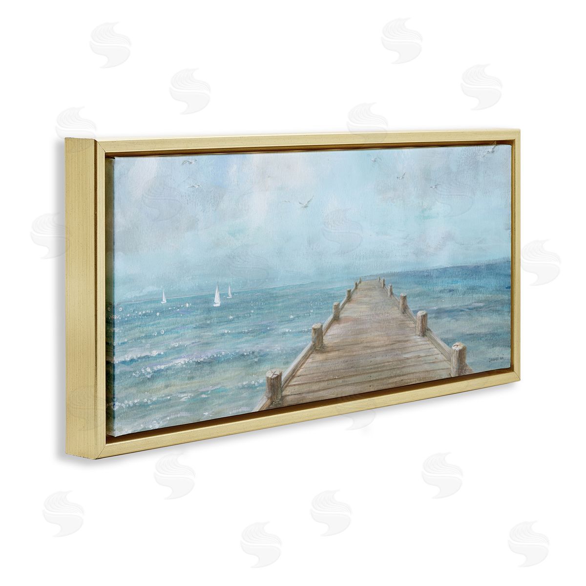 Waterfront Pier Coastal Ocean View Gold Floating Frame Canvas Wall Art, Home Decor by Danhui Nai