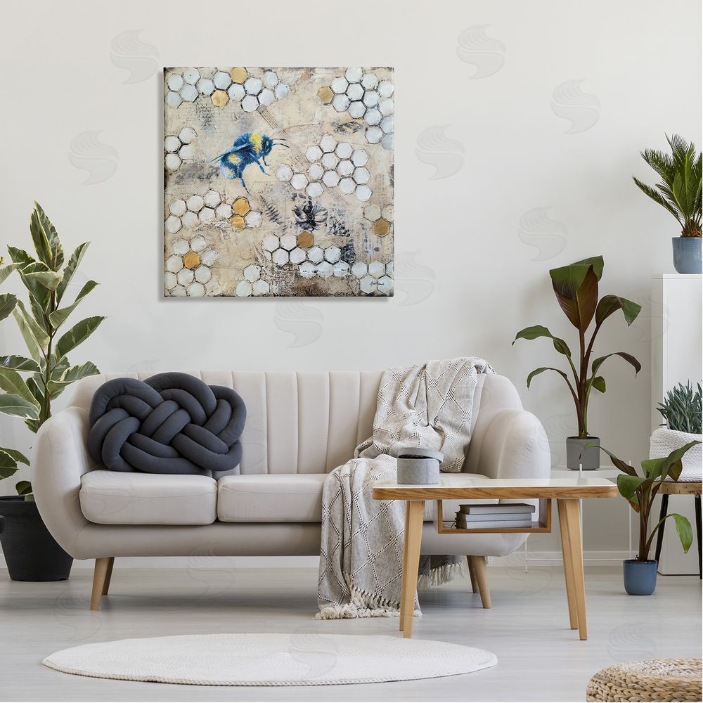 Britt Hallowell Bee Insect Collaged Botanical Hive Canvas Wall Art in Room
