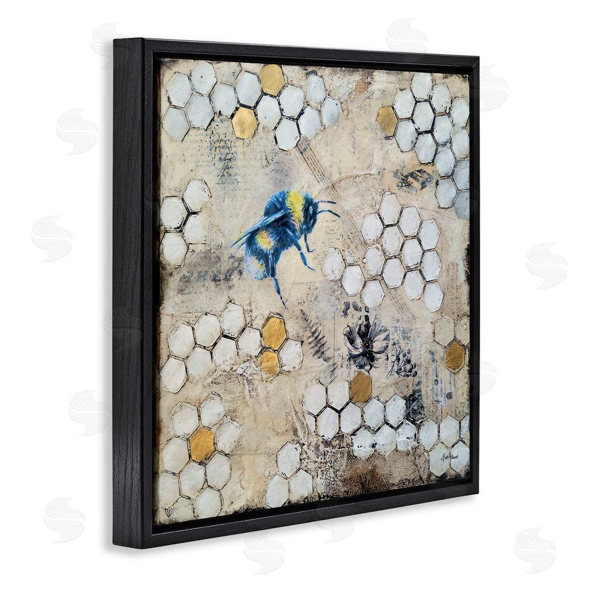 Britt Hallowell Bee Insect Collaged Botanical Hive Black Floating Frame Canvas Wall Art Print