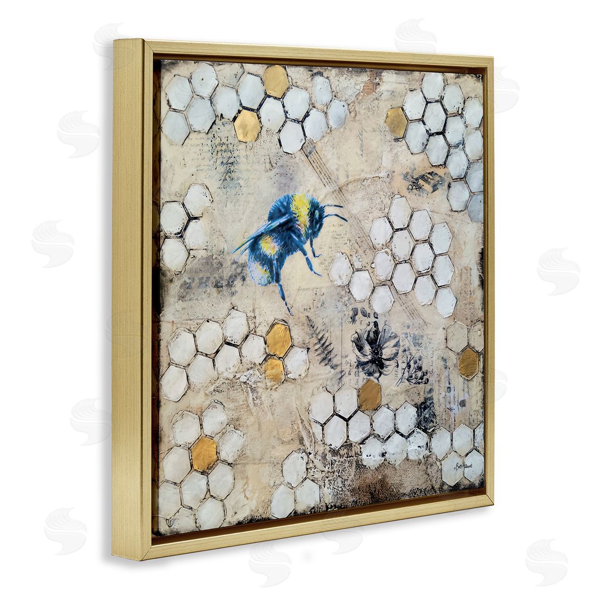 Britt Hallowell Bee Insect Collaged Botanical Hive Gold Floating Frame Canvas Wall Art Print