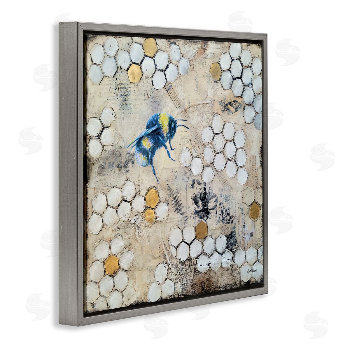 Britt Hallowell Bee Insect Collaged Botanical Hive Gray Floating Frame Canvas Wall Art Print
