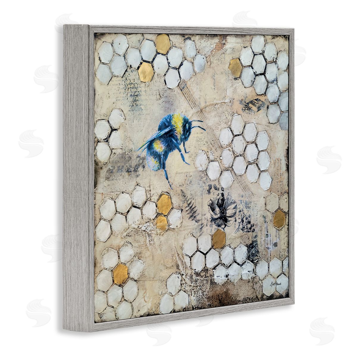 Britt Hallowell Bee Insect Collaged Botanical Hive Gray Framed Glicee Wall Art Print