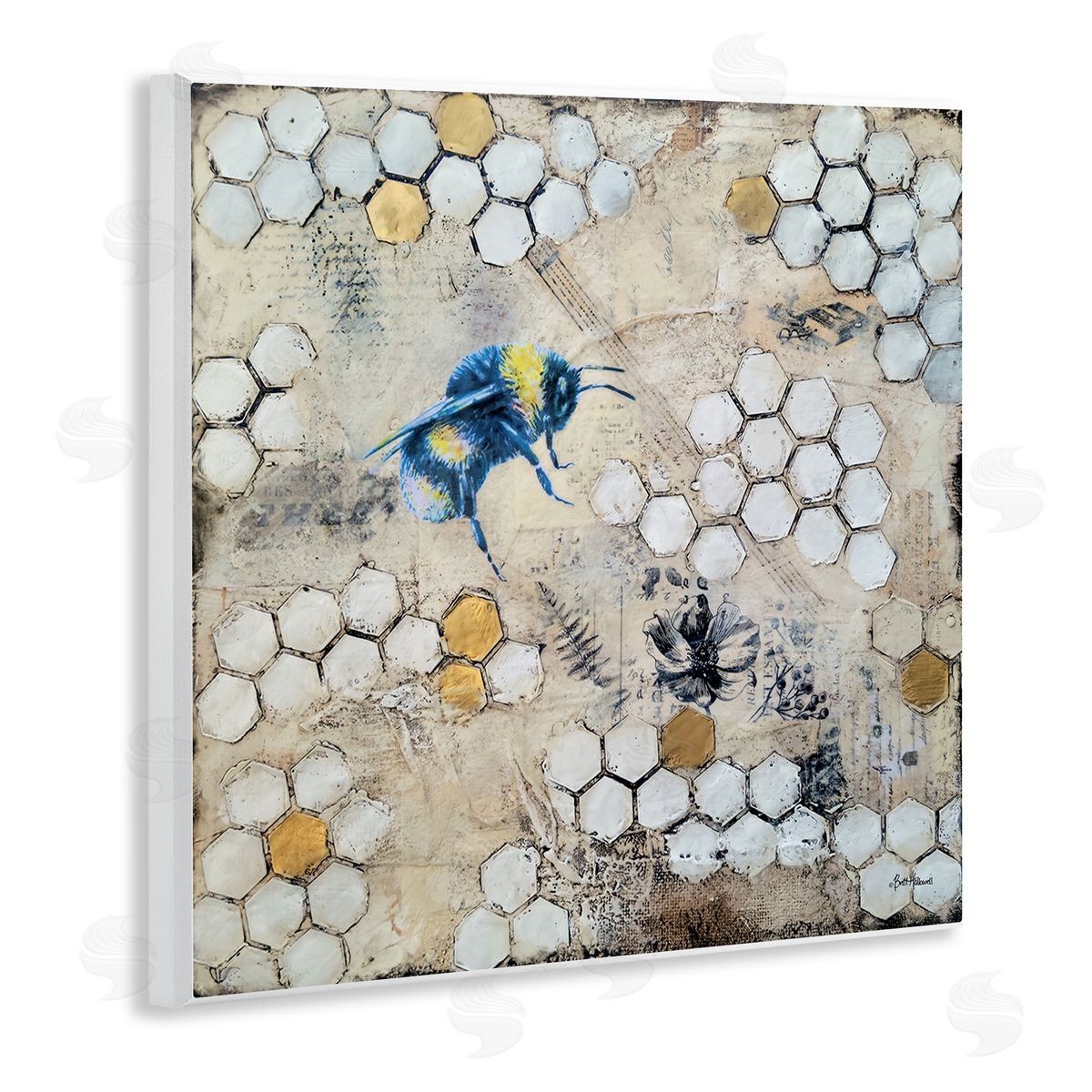 Britt Hallowell Bee Insect Collaged Botanical Hive Wooden Wall Plaque Art Print