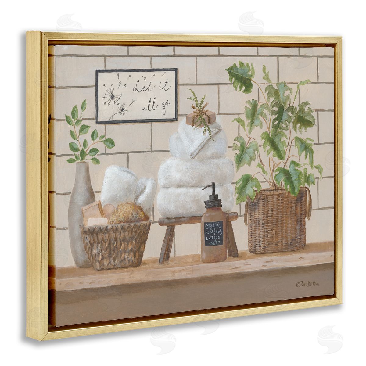 Comforting Bathroom Spa Still Life Gold Floating Frame Canvas Wall Art, Home Decor by Pam Britton