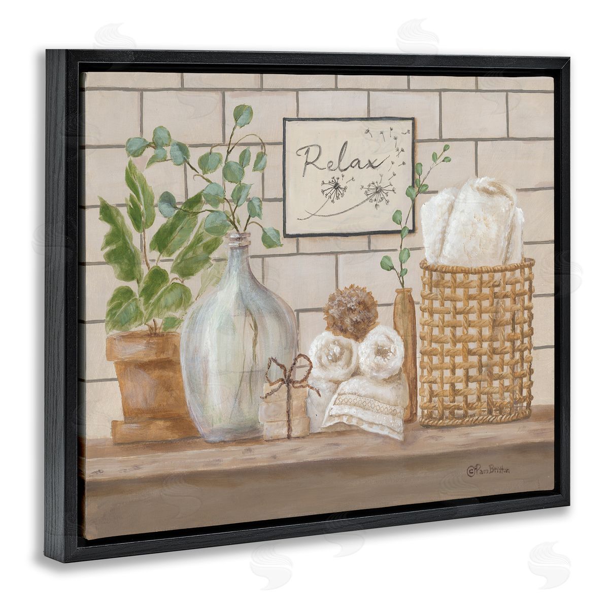 Uplifting Bathroom Spa Relax Scene Black Floating Frame Canvas Wall Art, Home Decor by Pam Britton