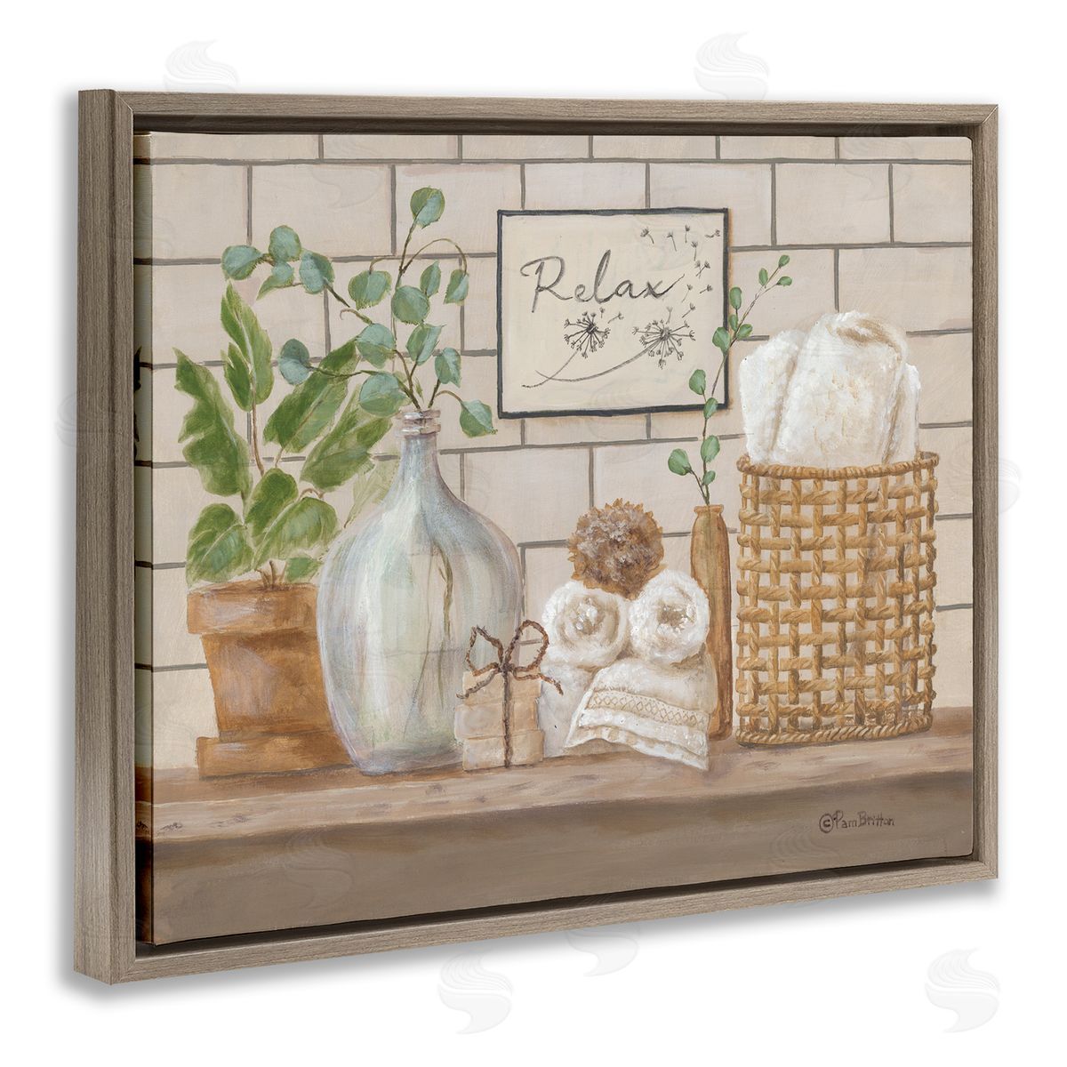 Uplifting Bathroom Spa Relax Scene Brown Floating Frame Canvas Wall Art, Home Decor by Pam Britton