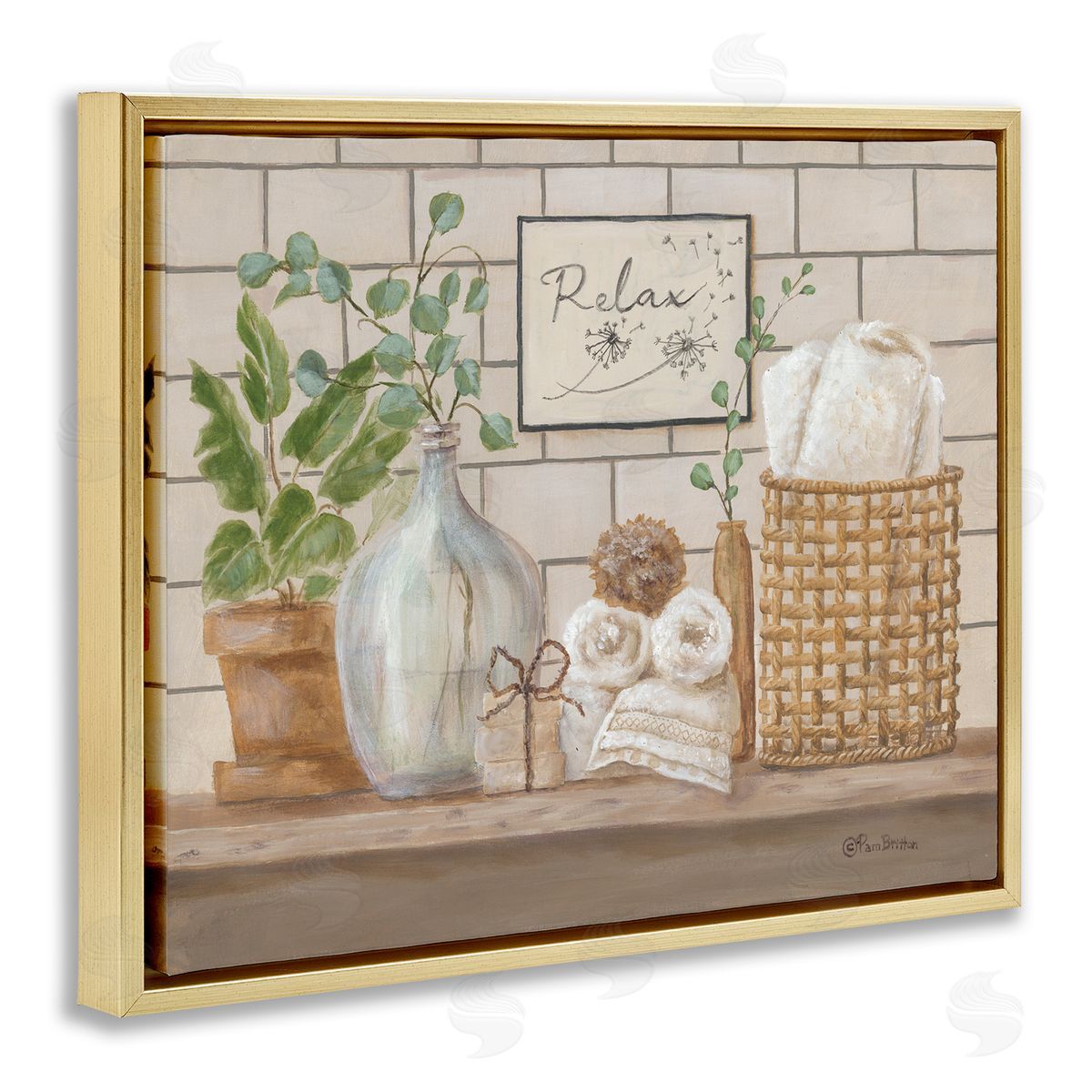 Uplifting Bathroom Spa Relax Scene Gold Floating Frame Canvas Wall Art, Home Decor by Pam Britton