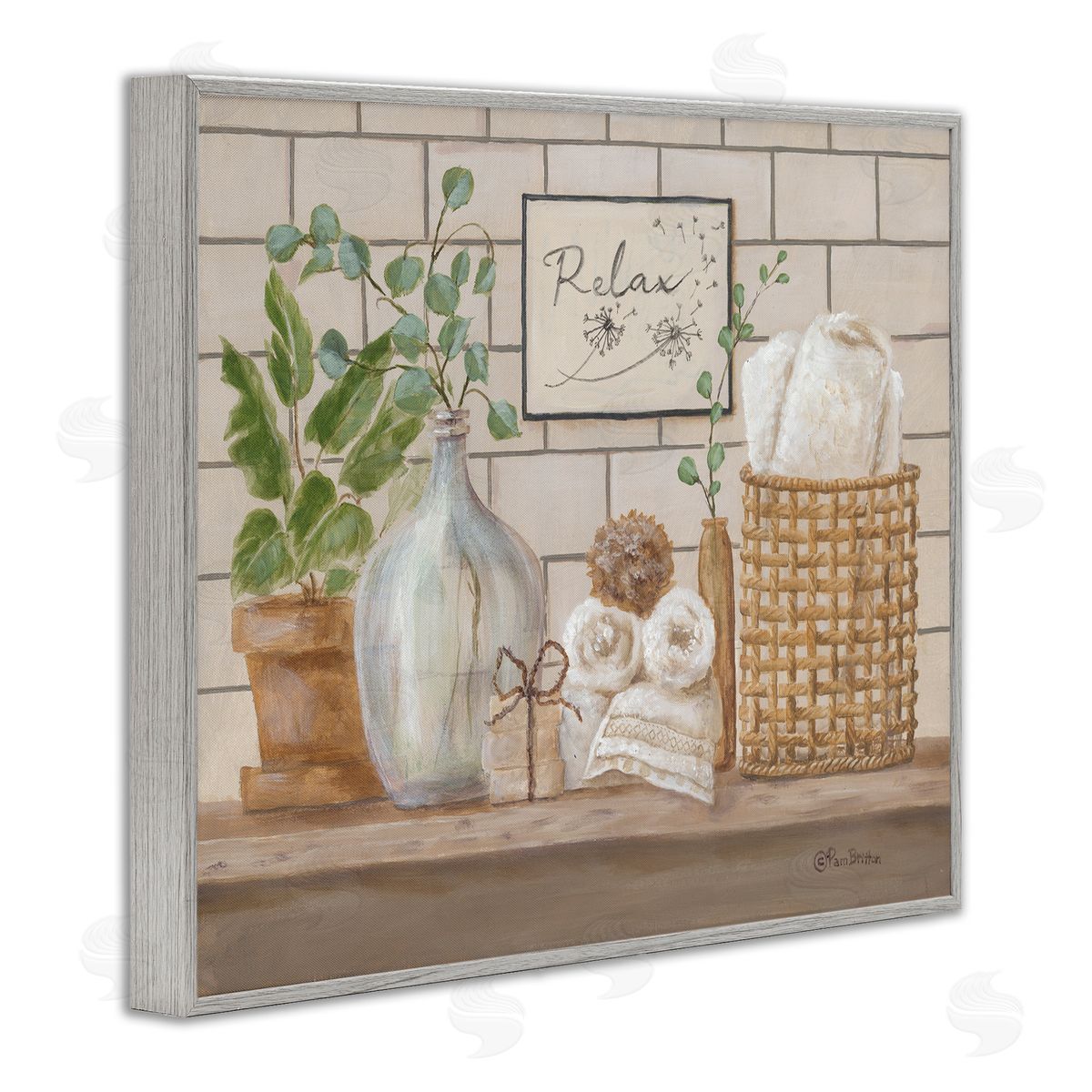 Uplifting Bathroom Spa Relax Scene Grey Frame Print Wall Art, Home Decor by Pam Britton