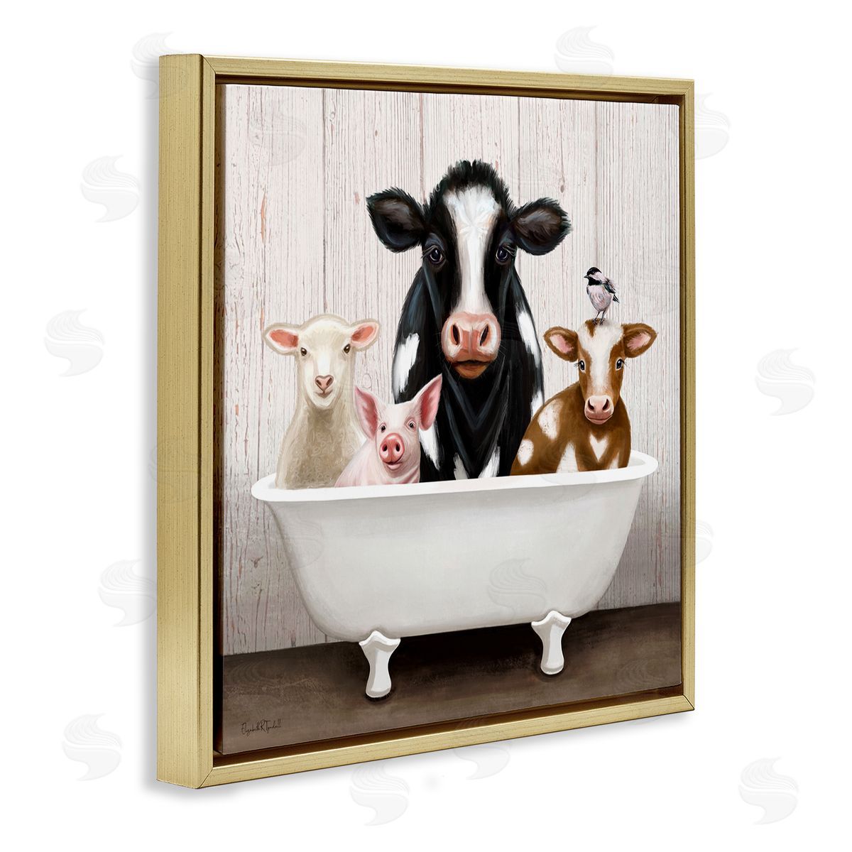 Country Animals Farmhouse Claw Bathtub Gold Floating Frame Canvas Wall Art, Home Decor by Elizabeth Tyndall