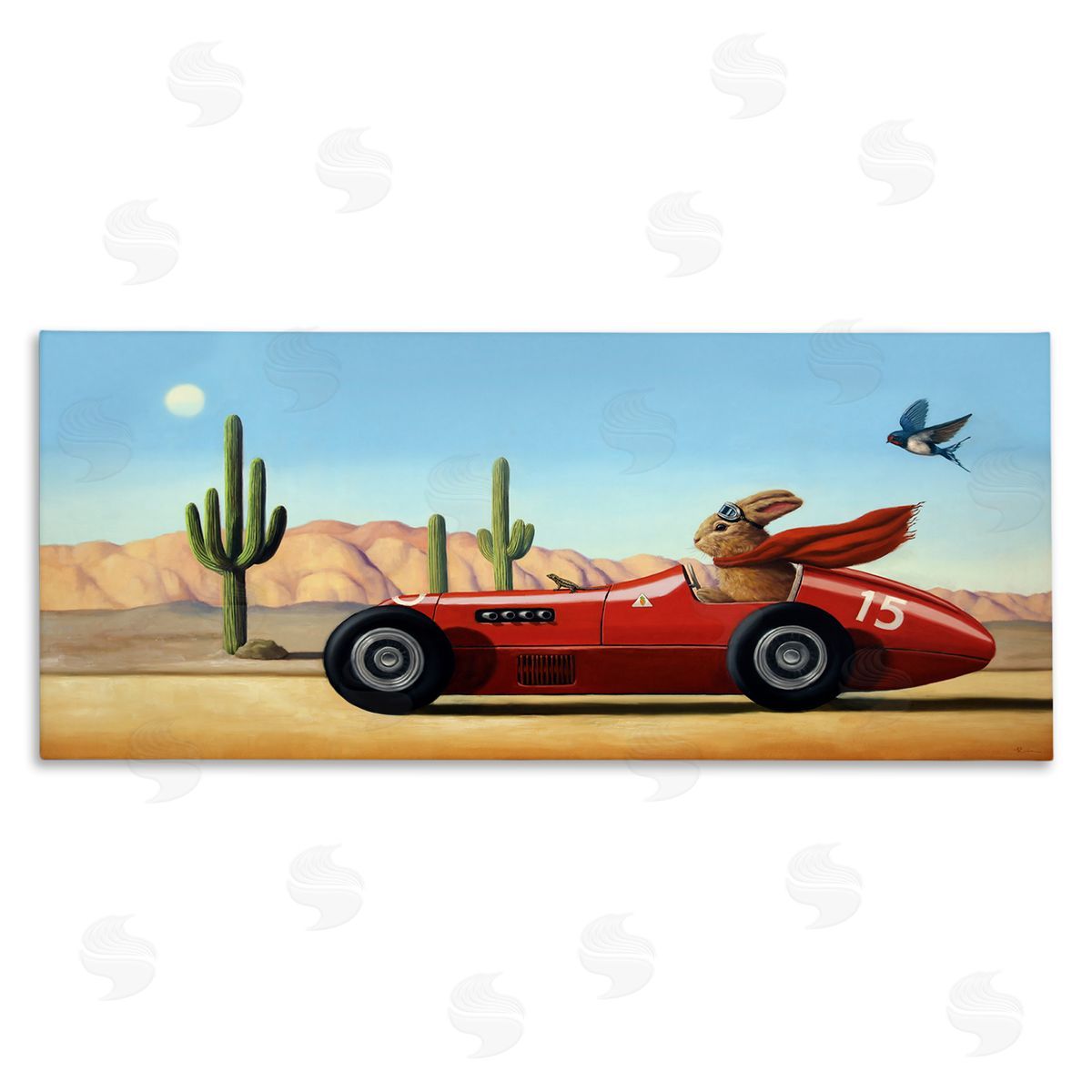 Race Car Bunny Driving Desert Canyon Canvas Wall Art, Home Decor by Lucia Heffernan