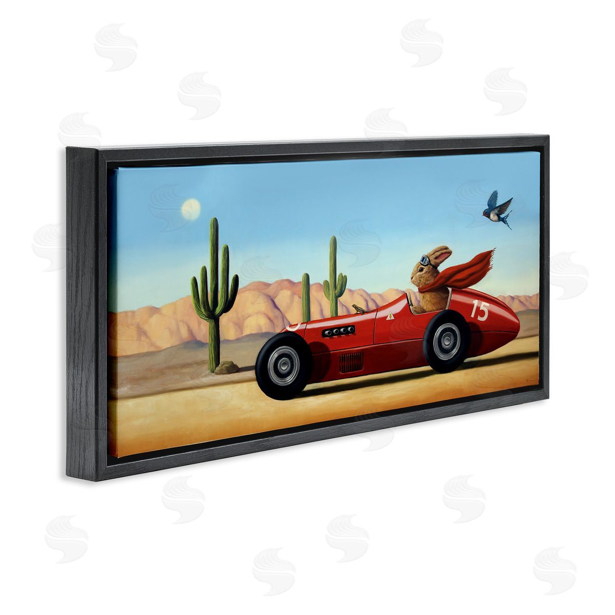 Race Car Bunny Driving Desert Canyon Black Floating Frame Canvas Wall Art, Home Decor by Lucia Heffernan