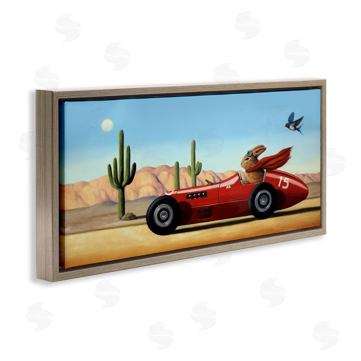 Race Car Bunny Driving Desert Canyon Brown Floating Frame Canvas Wall Art, Home Decor by Lucia Heffernan