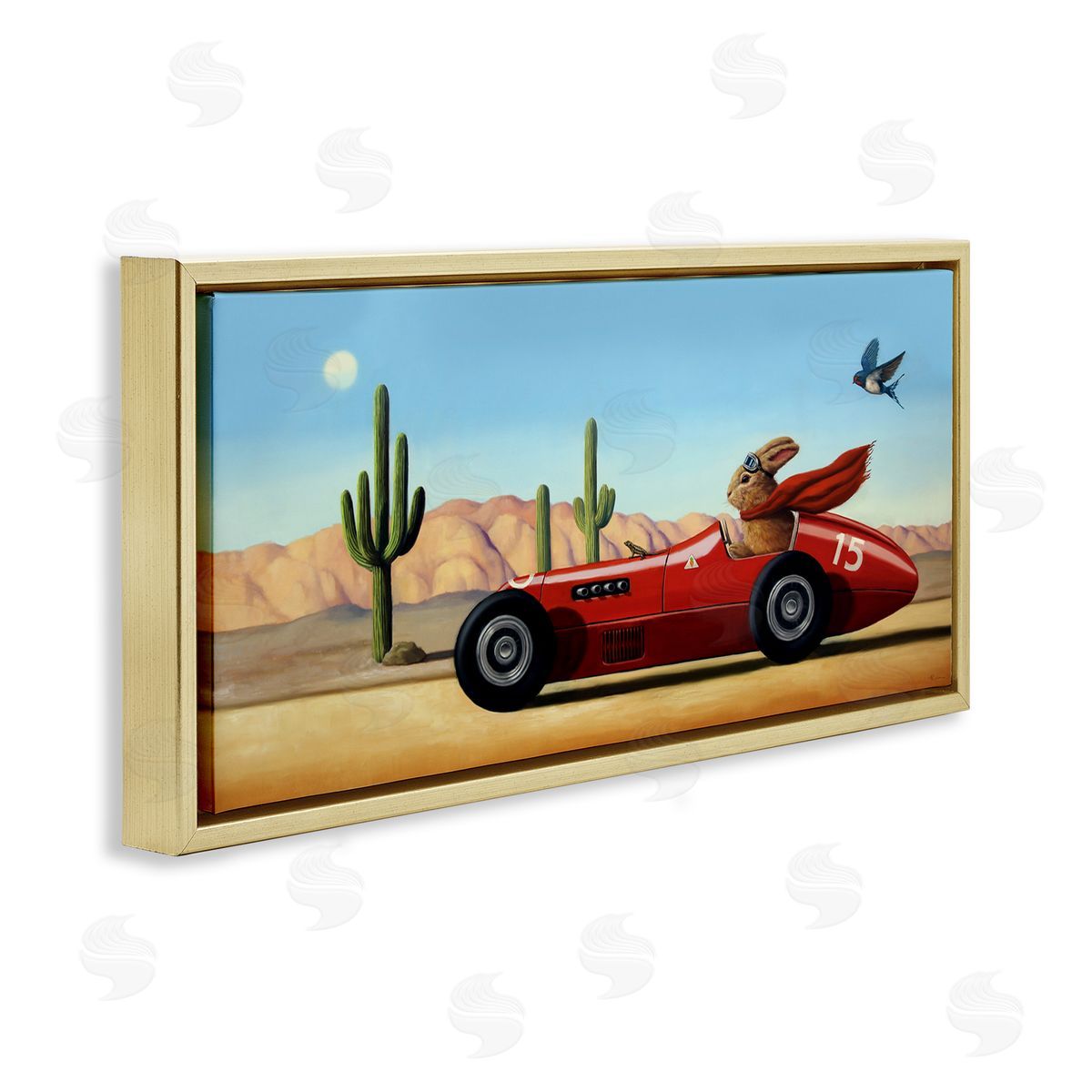 Race Car Bunny Driving Desert Canyon Gold Floating Frame Canvas Wall Art, Home Decor by Lucia Heffernan