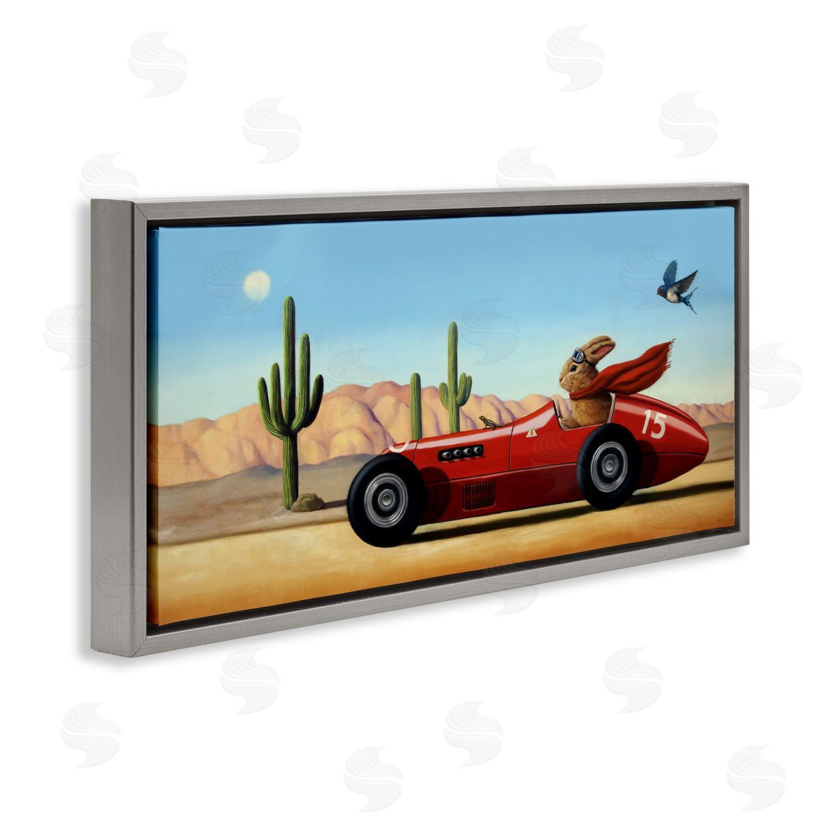 Race Car Bunny Driving Desert Canyon Grey Floating Frame Canvas Wall Art, Home Decor by Lucia Heffernan