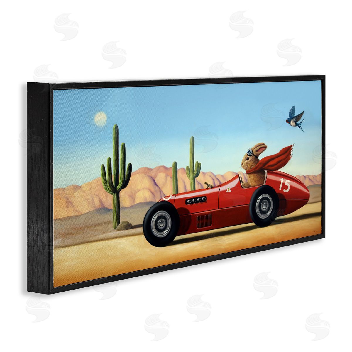 Race Car Bunny Driving Desert Canyon Black Frame Print Wall Art, Home Decor by Lucia Heffernan