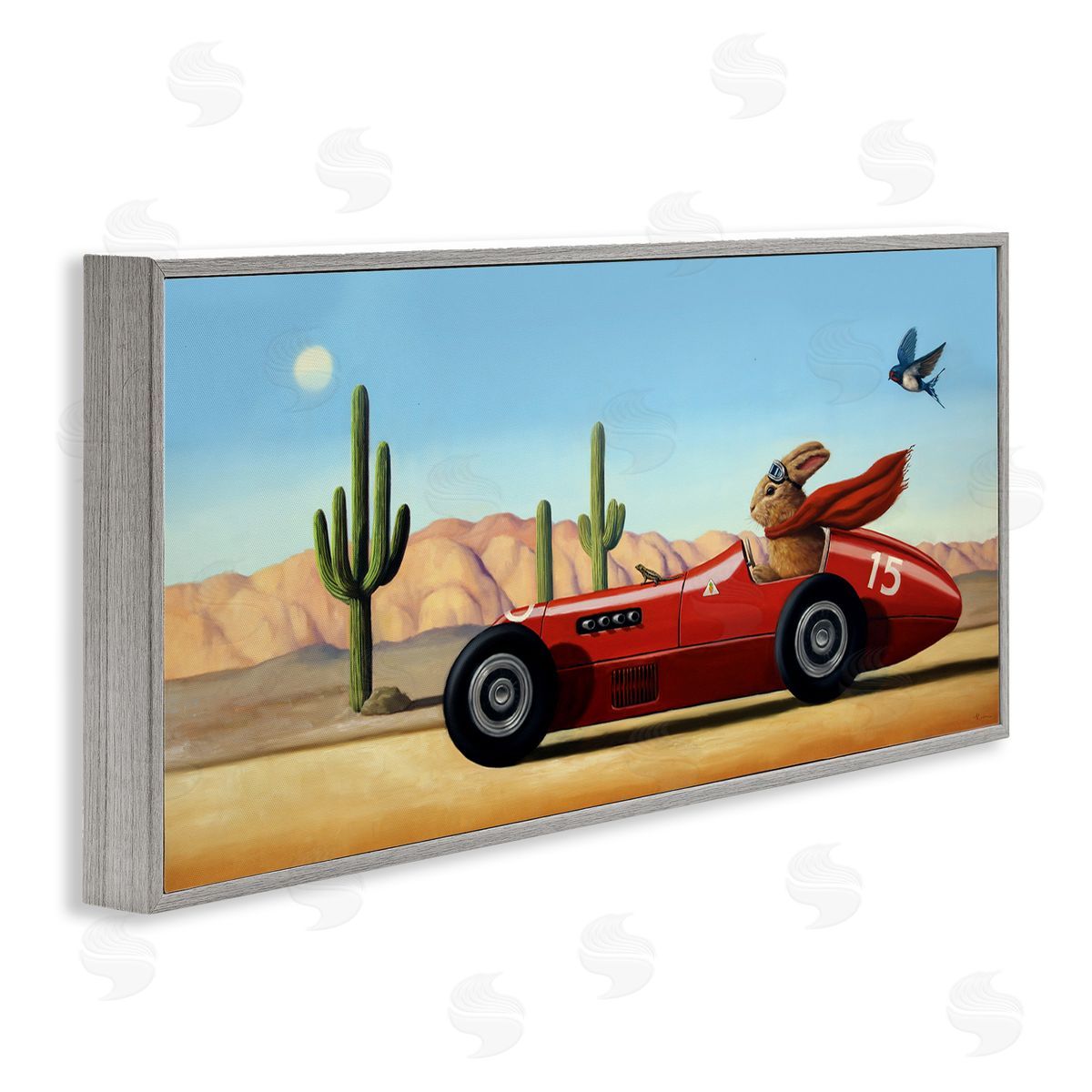 Race Car Bunny Driving Desert Canyon Grey Frame Print Wall Art, Home Decor by Lucia Heffernan