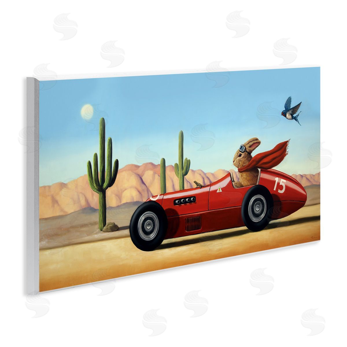 Race Car Bunny Driving Desert Canyon Wood Plaque Wall Art, Home Decor by Lucia Heffernan
