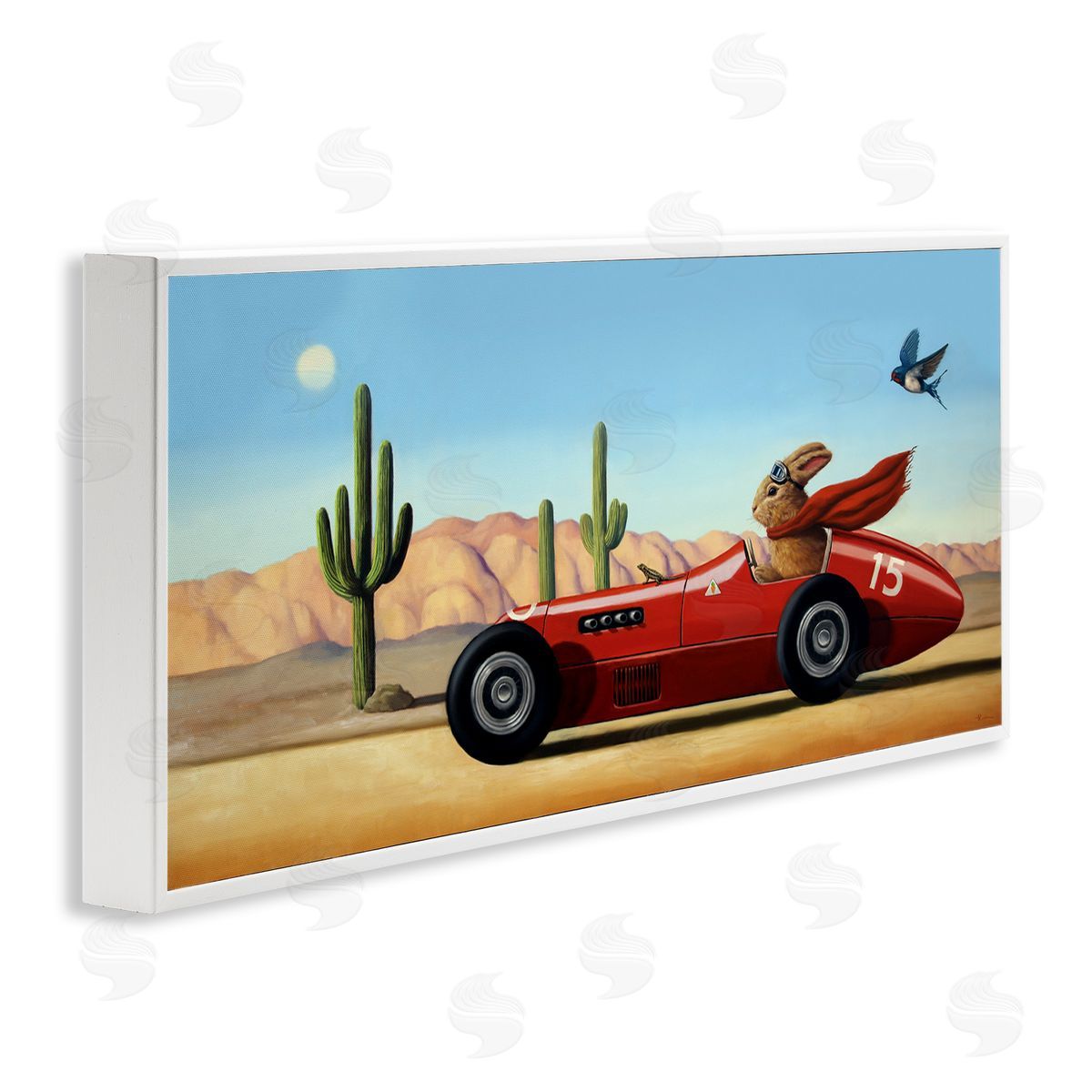 Race Car Bunny Driving Desert Canyon White Frame Print Wall Art, Home Decor by Lucia Heffernan