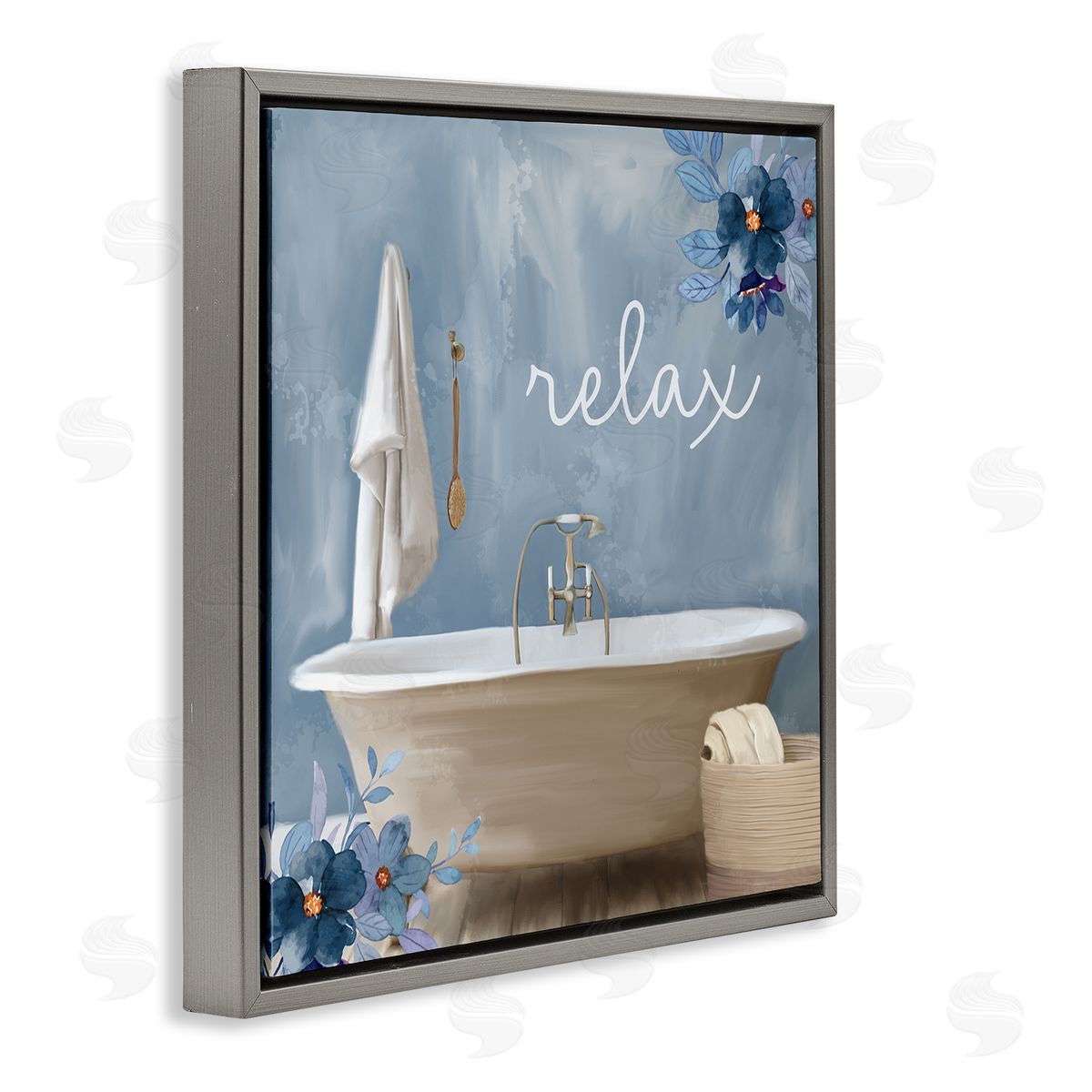 Blue Floral Relax Bathroom Scene Grey Floating Frame Canvas Wall Art, Home Decor by Kim Allen