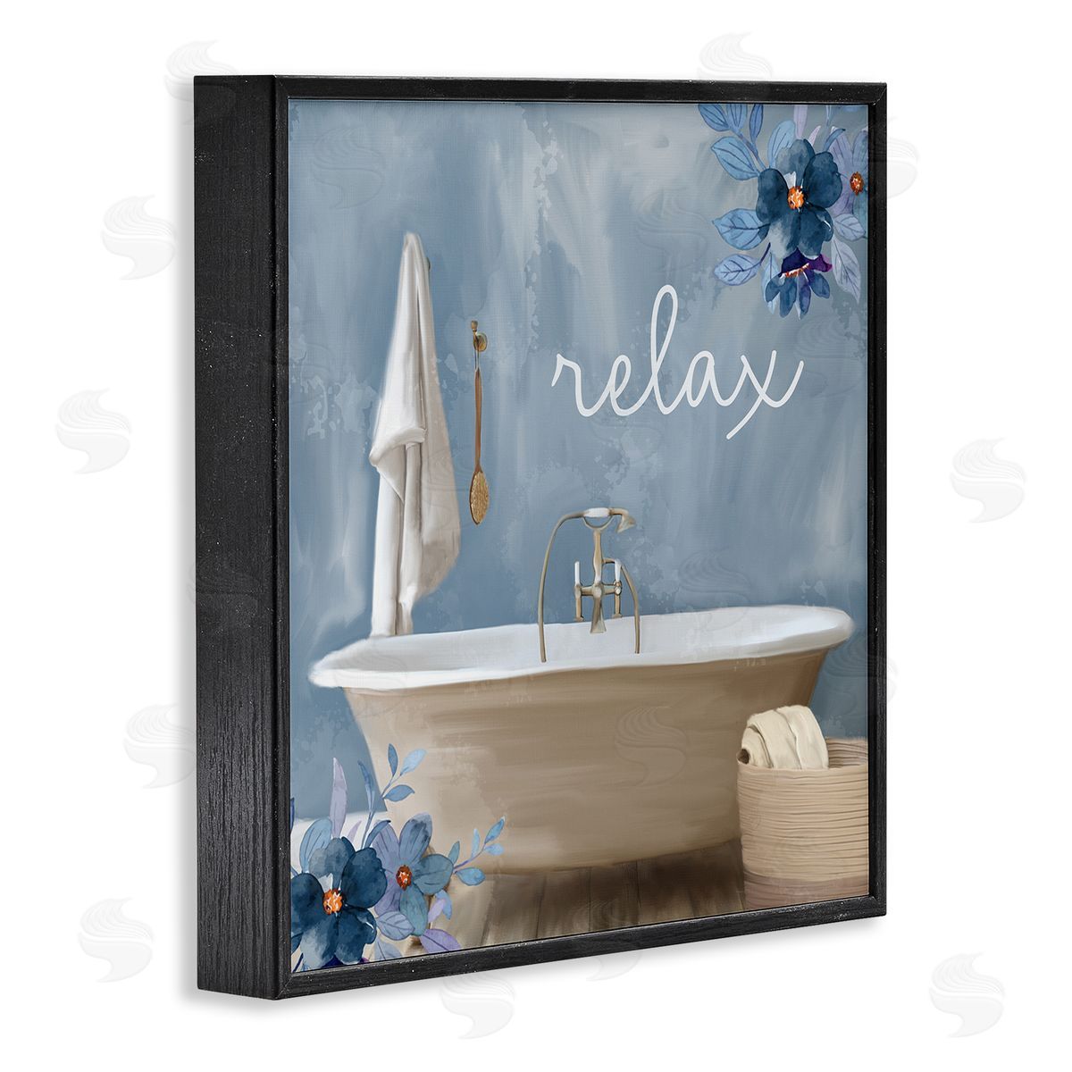 Blue Floral Relax Bathroom Scene Black Frame Print Wall Art, Home Decor by Kim Allen