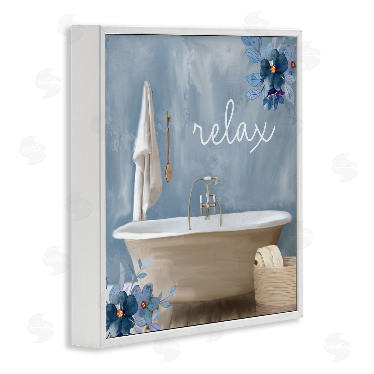 Blue Floral Relax Bathroom Scene White Frame Print Wall Art, Home Decor by Kim Allen