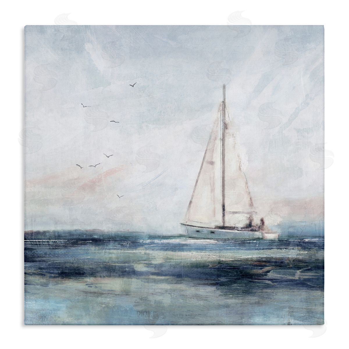 Nina Blue Nautical Sailboat Soaring Ocean Birds Stretched Canvas Wall Art Print