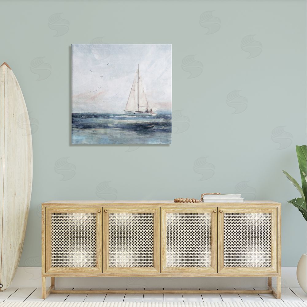 Nina Blue Nautical Sailboat Soaring Ocean Birds Canvas Wall Art in Room