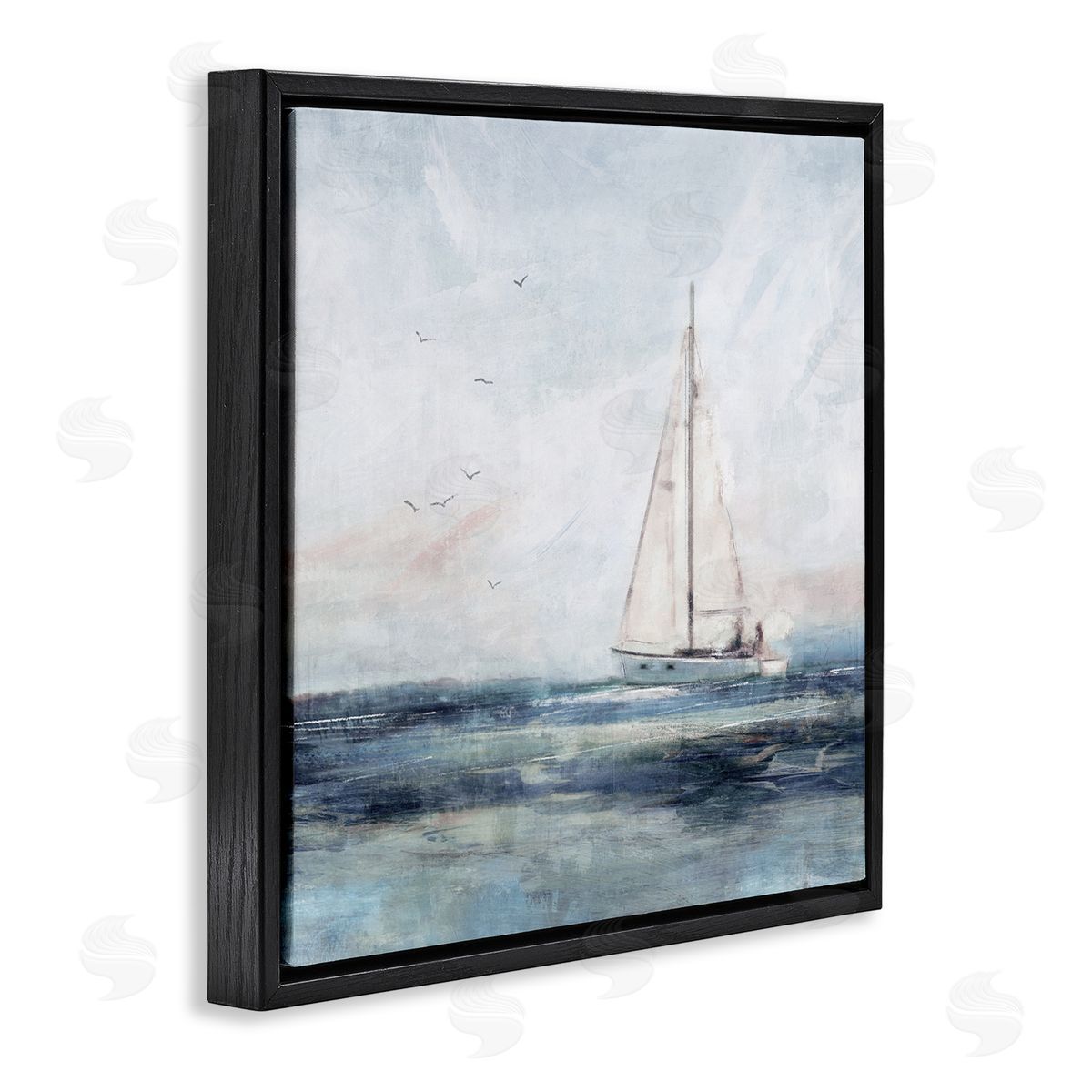 Nina Blue Nautical Sailboat Soaring Ocean Birds Black Floating Frame Canvas Wall Art Print