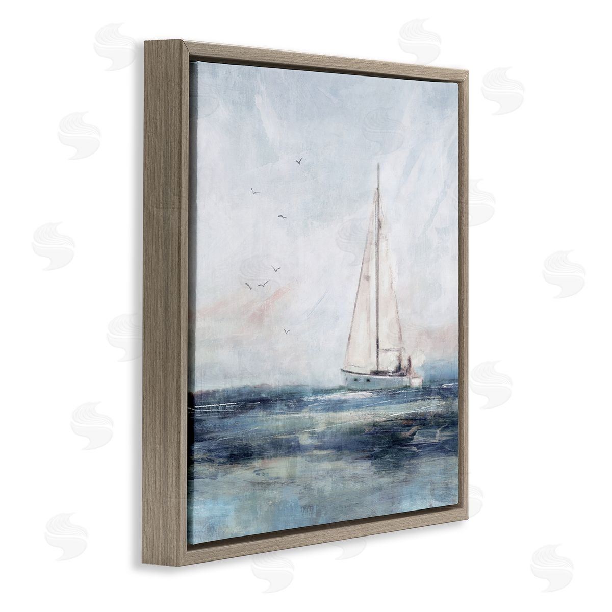 Nina Blue Nautical Sailboat Soaring Ocean Birds Brown Floating Frame Canvas Wall Art Print