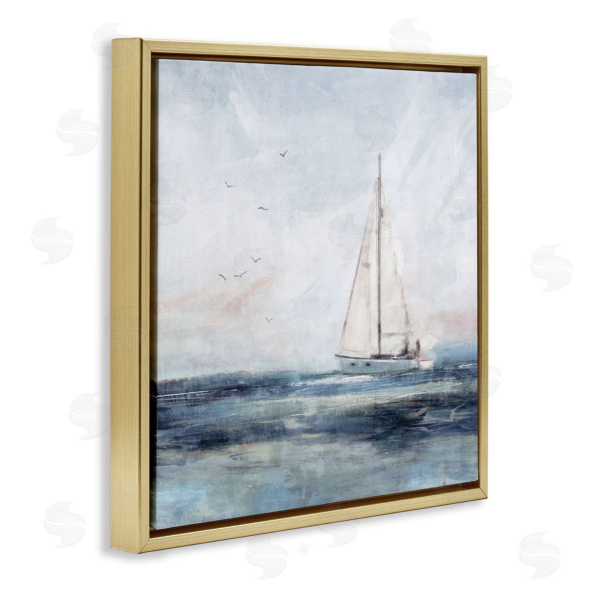 Nina Blue Nautical Sailboat Soaring Ocean Birds Gold Floating Frame Canvas Wall Art Print