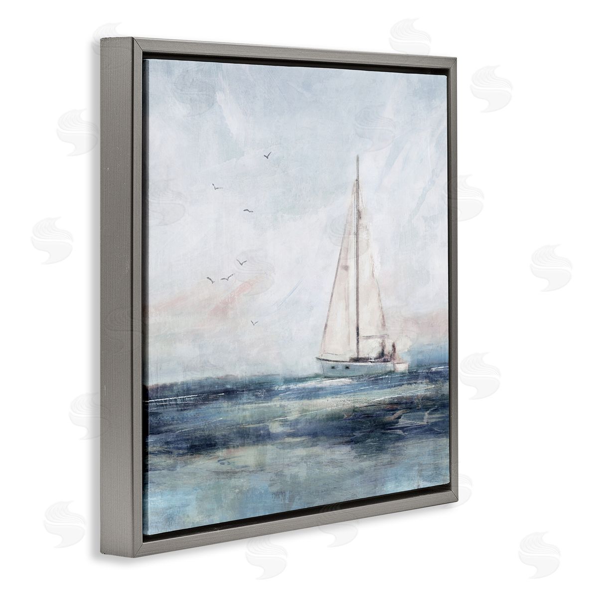 Nina Blue Nautical Sailboat Soaring Ocean Birds Gray Floating Frame Canvas Wall Art Print