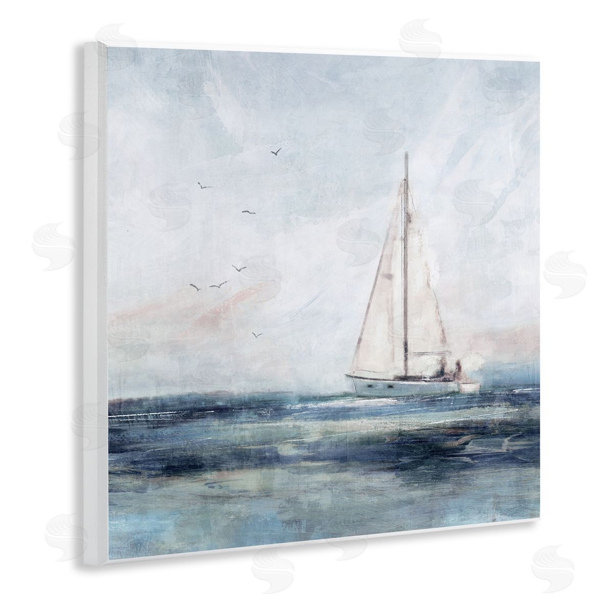Nina Blue Nautical Sailboat Soaring Ocean Birds Wooden Wall Plaque Art Print