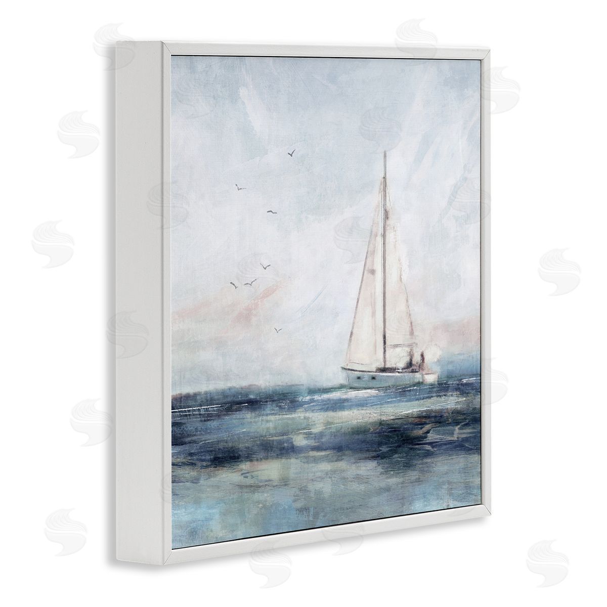 Nina Blue Nautical Sailboat Soaring Ocean Birds White Framed Glicee Wall Art Print